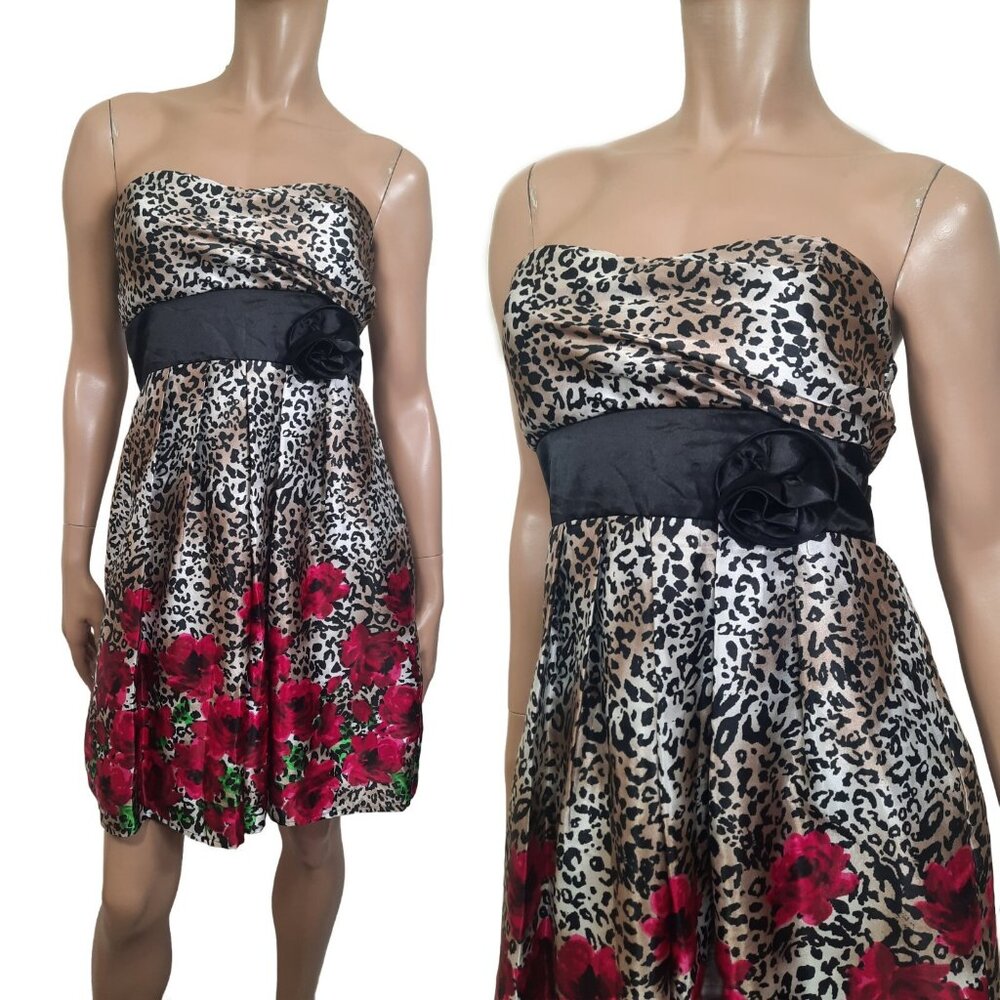 Y2K Satin Babydoll Prom Party Dress Leopard Floral Strapless Rosette Sash M